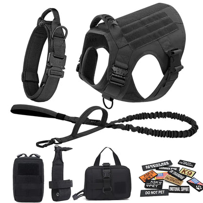 Heavy-Duty Tactical Dog Harness and Control Training Collar Set with Bungee Leash, No-Pull Military Vest for Walking, Hunting, and Training