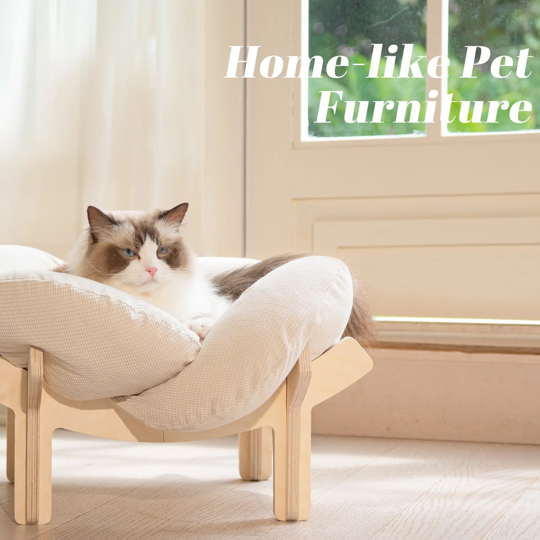 Elevated Flower Cat Bed，Wooden with Cushion， Fluffy Pet Couch Sofa for Indoor Cats and Dogs， Raised Kitty Lounge Chair， Suitable for Puppy, Cat Furniture(Large)