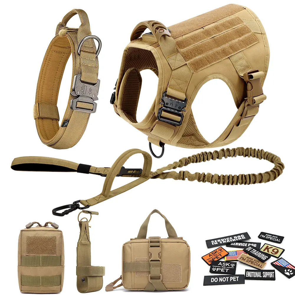 Heavy-Duty Tactical Dog Harness and Control Training Collar Set with Bungee Leash, No-Pull Military Vest for Walking, Hunting, and Training