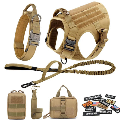 Heavy-Duty Tactical Dog Harness and Control Training Collar Set with Bungee Leash, No-Pull Military Vest for Walking, Hunting, and Training