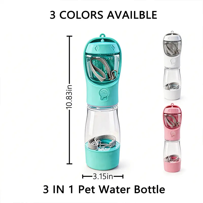     3-in-1 Portable Pet Water Bottle – Leak-Proof Travel Feeder with Poop Bag Holder