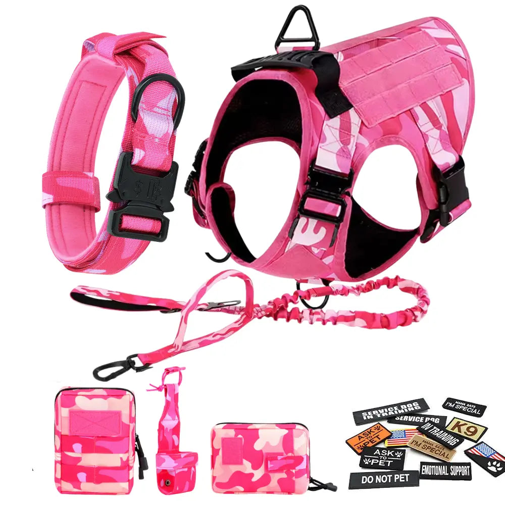 Heavy-Duty Tactical Dog Harness and Control Training Collar Set with Bungee Leash, No-Pull Military Vest for Walking, Hunting, and Training