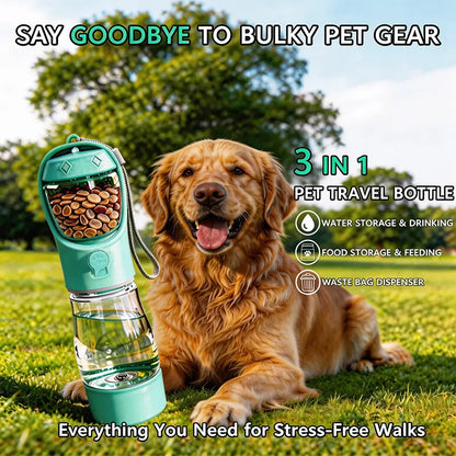     3-in-1 Portable Pet Water Bottle – Leak-Proof Travel Feeder with Poop Bag Holder