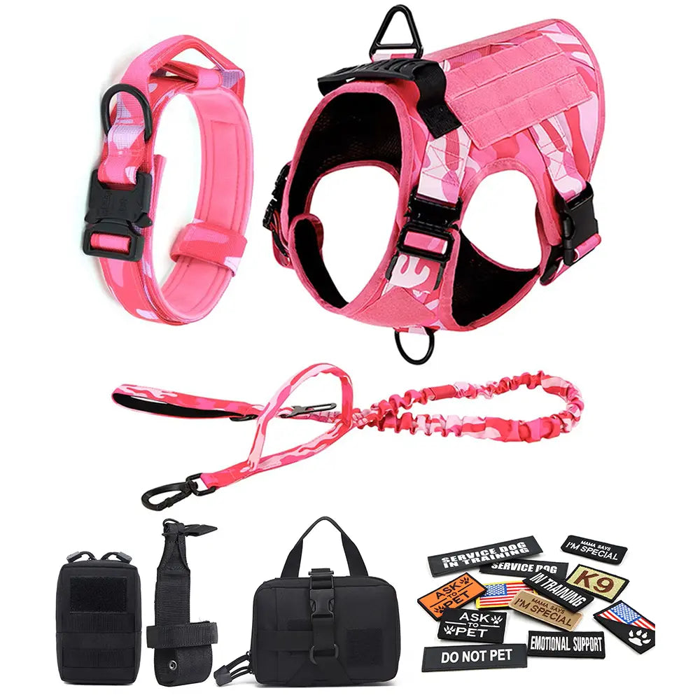 Heavy-Duty Tactical Dog Harness and Control Training Collar Set with Bungee Leash, No-Pull Military Vest for Walking, Hunting, and Training