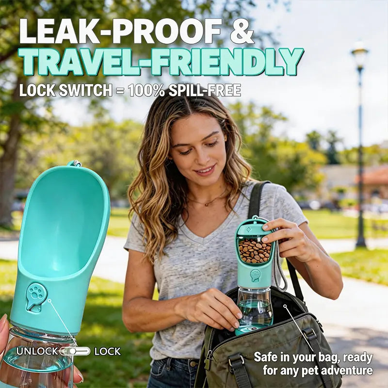     3-in-1 Portable Pet Water Bottle – Leak-Proof Travel Feeder with Poop Bag Holder