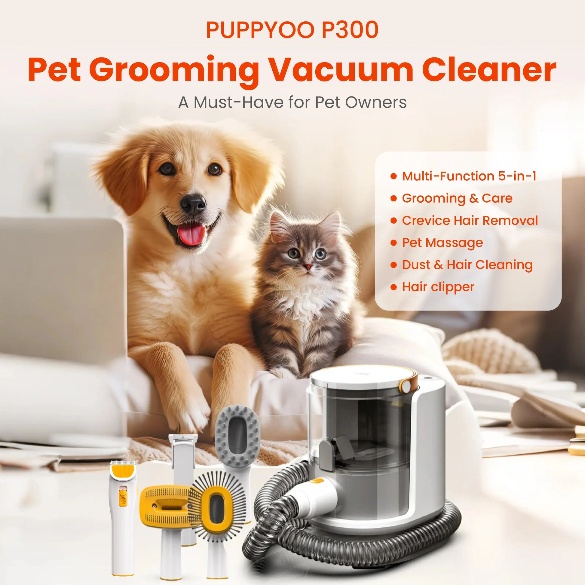 PUPPYOO Professional 5-In-1 Pet Grooming Kit with 13000Pa Vacuum for Dogs and Cats, 1.5L Dust Cup, 4M Cord, Whisper-Quiet Operation, Adjustable Guard Combs, and Hair Remover Roller