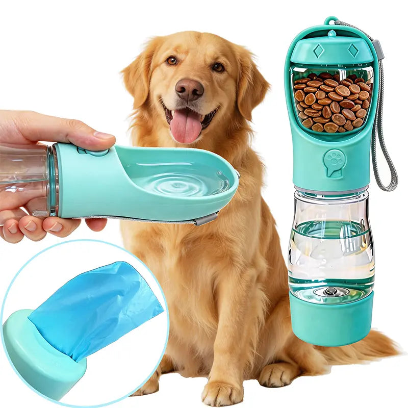     3-in-1 Portable Pet Water Bottle – Leak-Proof Travel Feeder with Poop Bag Holder