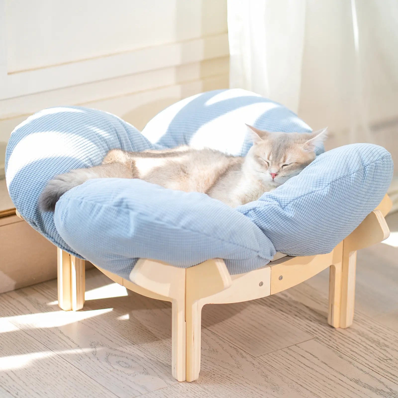 Elevated Flower Cat Bed，Wooden with Cushion， Fluffy Pet Couch Sofa for Indoor Cats and Dogs， Raised Kitty Lounge Chair， Suitable for Puppy, Cat Furniture(Large)