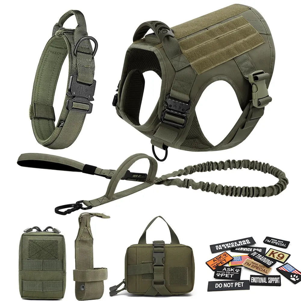 Heavy-Duty Tactical Dog Harness and Control Training Collar Set with Bungee Leash, No-Pull Military Vest for Walking, Hunting, and Training