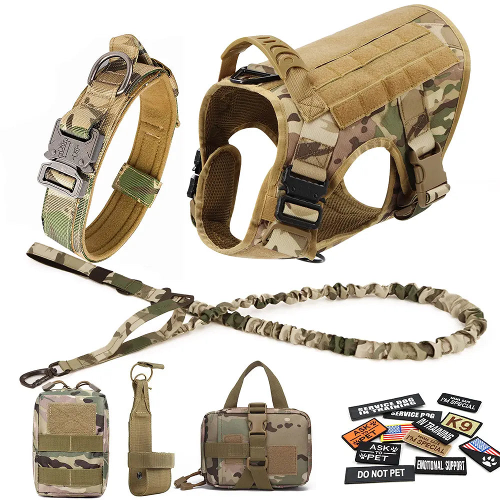 Heavy-Duty Tactical Dog Harness and Control Training Collar Set with Bungee Leash, No-Pull Military Vest for Walking, Hunting, and Training