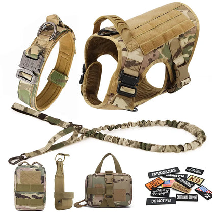 Heavy-Duty Tactical Dog Harness and Control Training Collar Set with Bungee Leash, No-Pull Military Vest for Walking, Hunting, and Training